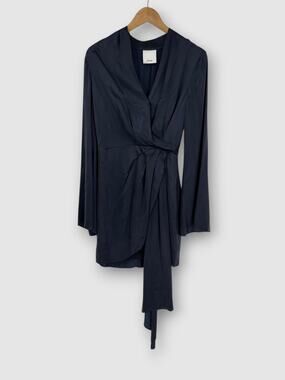 Acler Navy Satin Mini Dress Deep V-Neck Long Bell Sleeves Faux Wrap Front Size 4